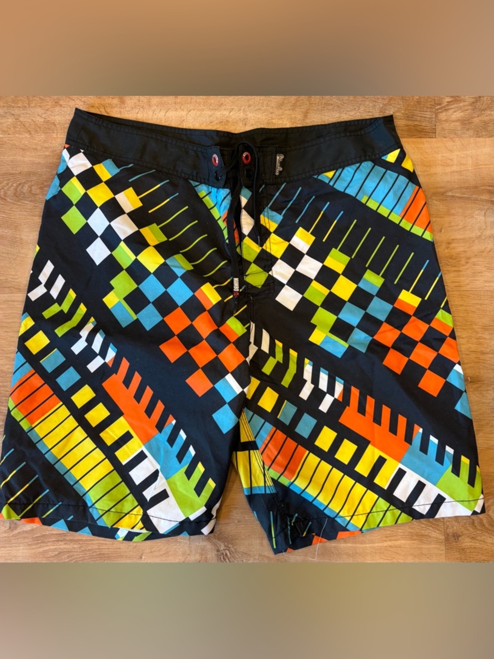 Men's Black Swim Trunks with Multicolor Geometric Print